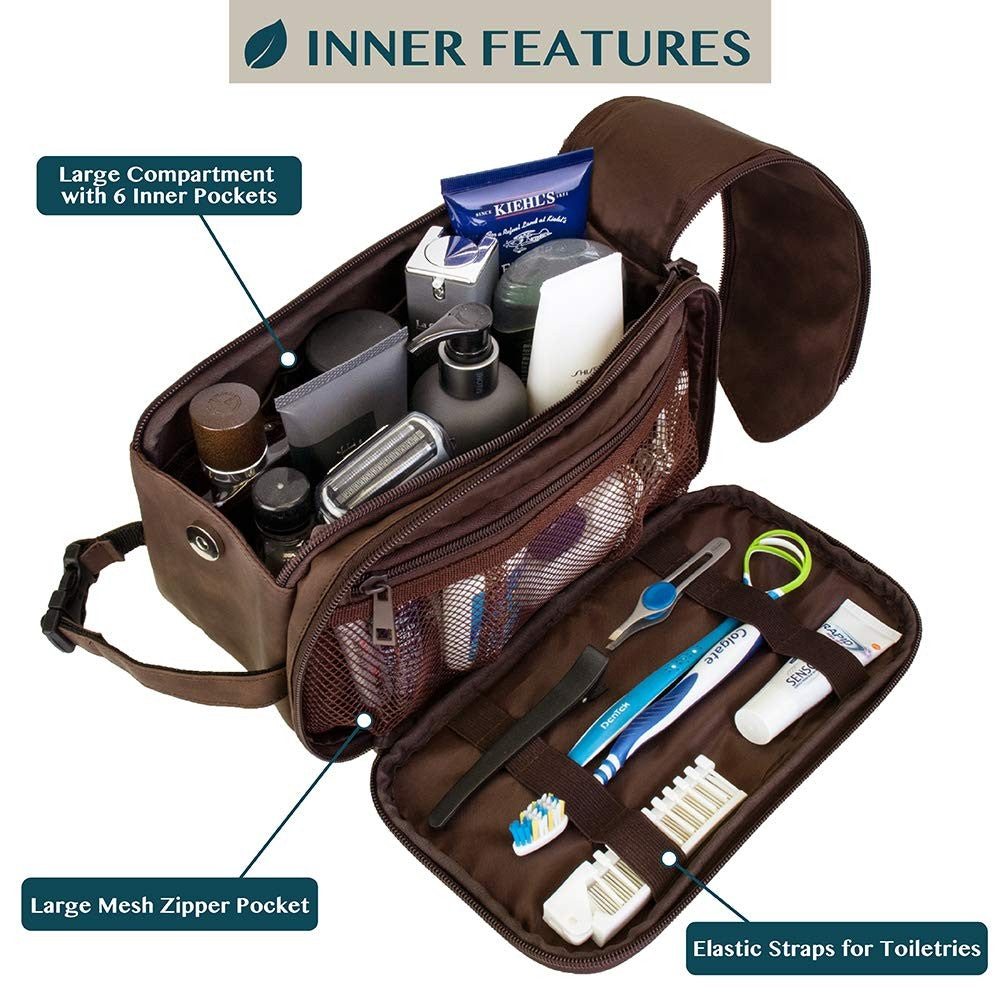 Men's Travel Toiletry Bag Leather Dopp Kit Organizer with Water-Resistant Interior
