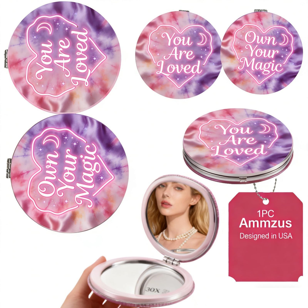Neon Heart Travel Compact Mirror with 'You Are Loved' - Pink Pocket Mirror