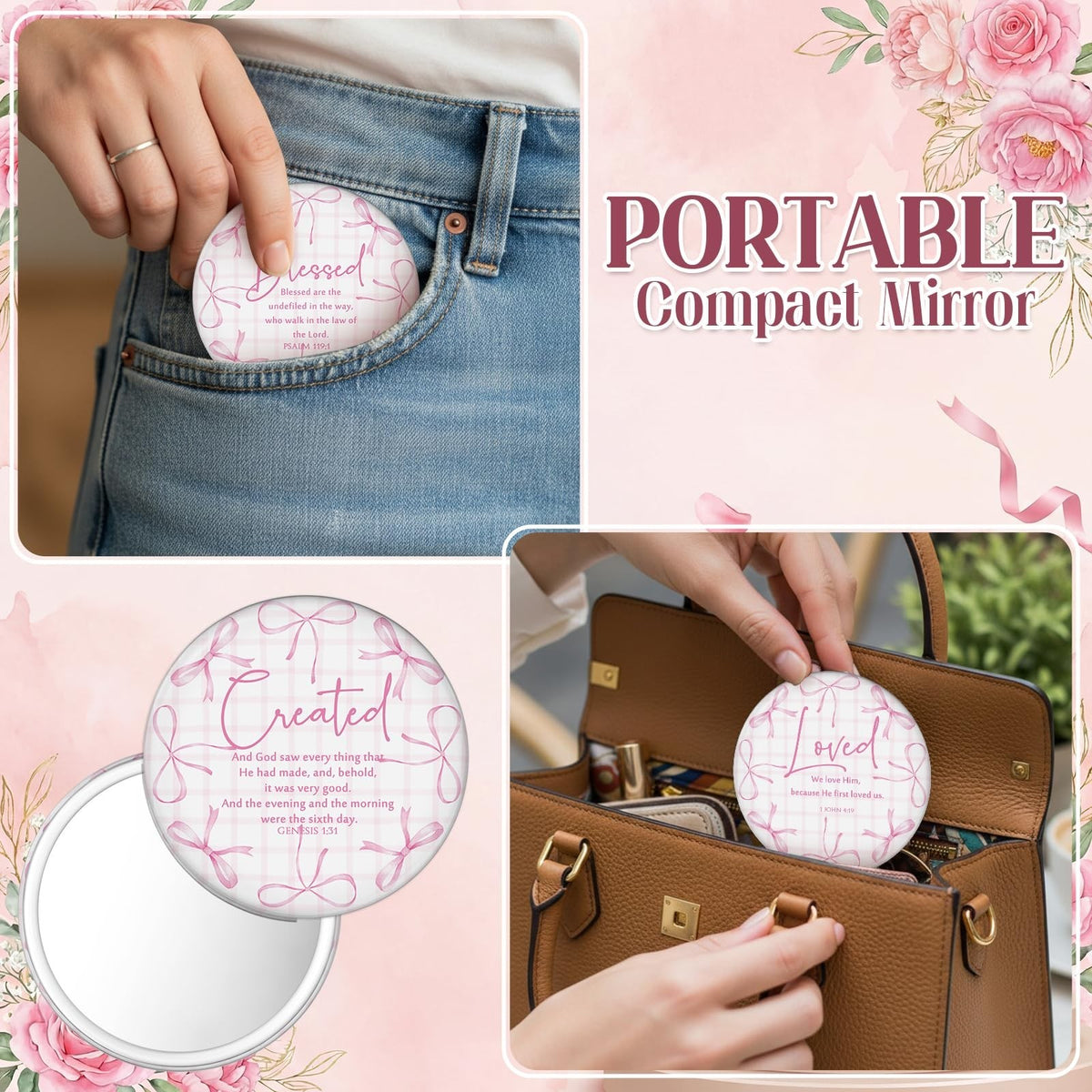 12 Pcs Christian Compact Mirrors for Women - Pink Bow Religious Gift Set