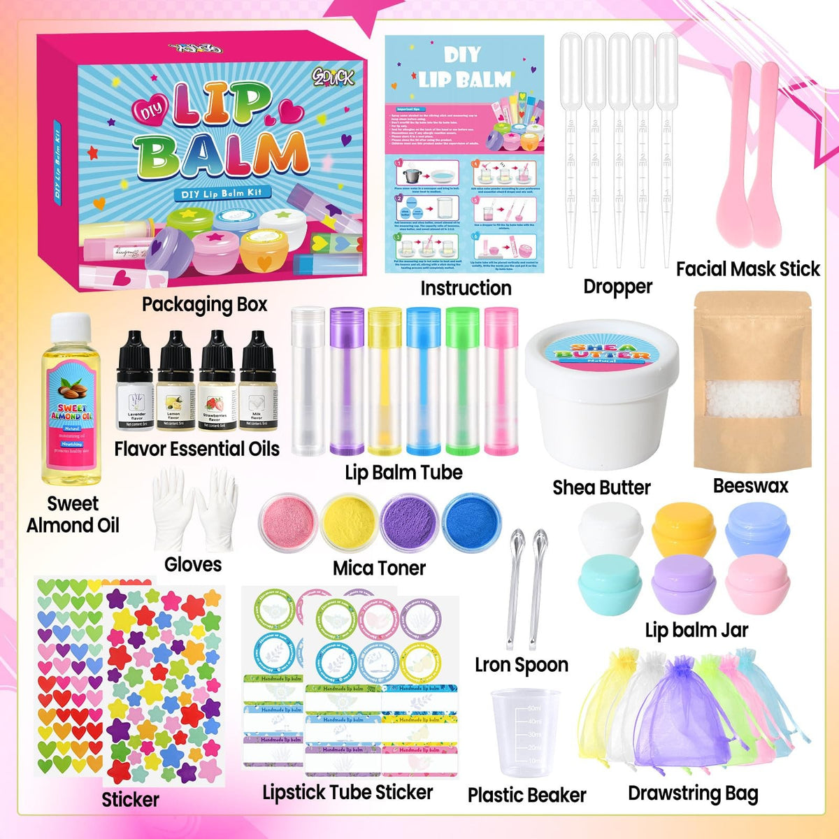 DIY Lip Balm Making Kit with 42 Pieces - Moisturizing & Nourishing Set, Pink