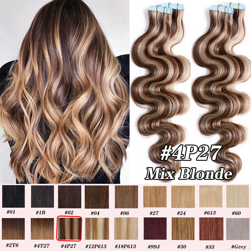 Tape-In Human Hair Extensions - Thick Ombre Curly Wavy Skin Weft