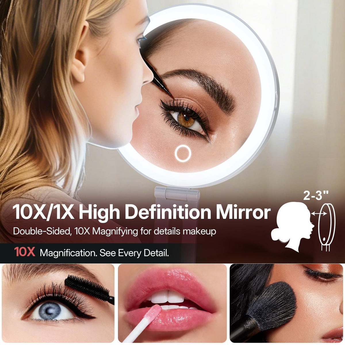 Travel Makeup Mirror with Lights, 10X/1X Double-Sided, Rechargeable & Foldable