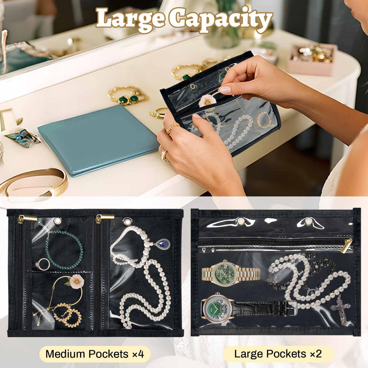 Travel Jewelry Organizer Case with Waterproof Nylon & Zipper - Compact Black Storage Bag