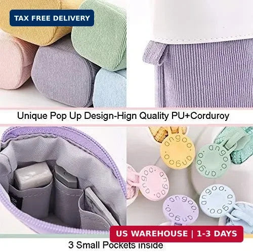 Retractable Pencil Bag Pen Organizer with PU Corduroy Stand-up Design