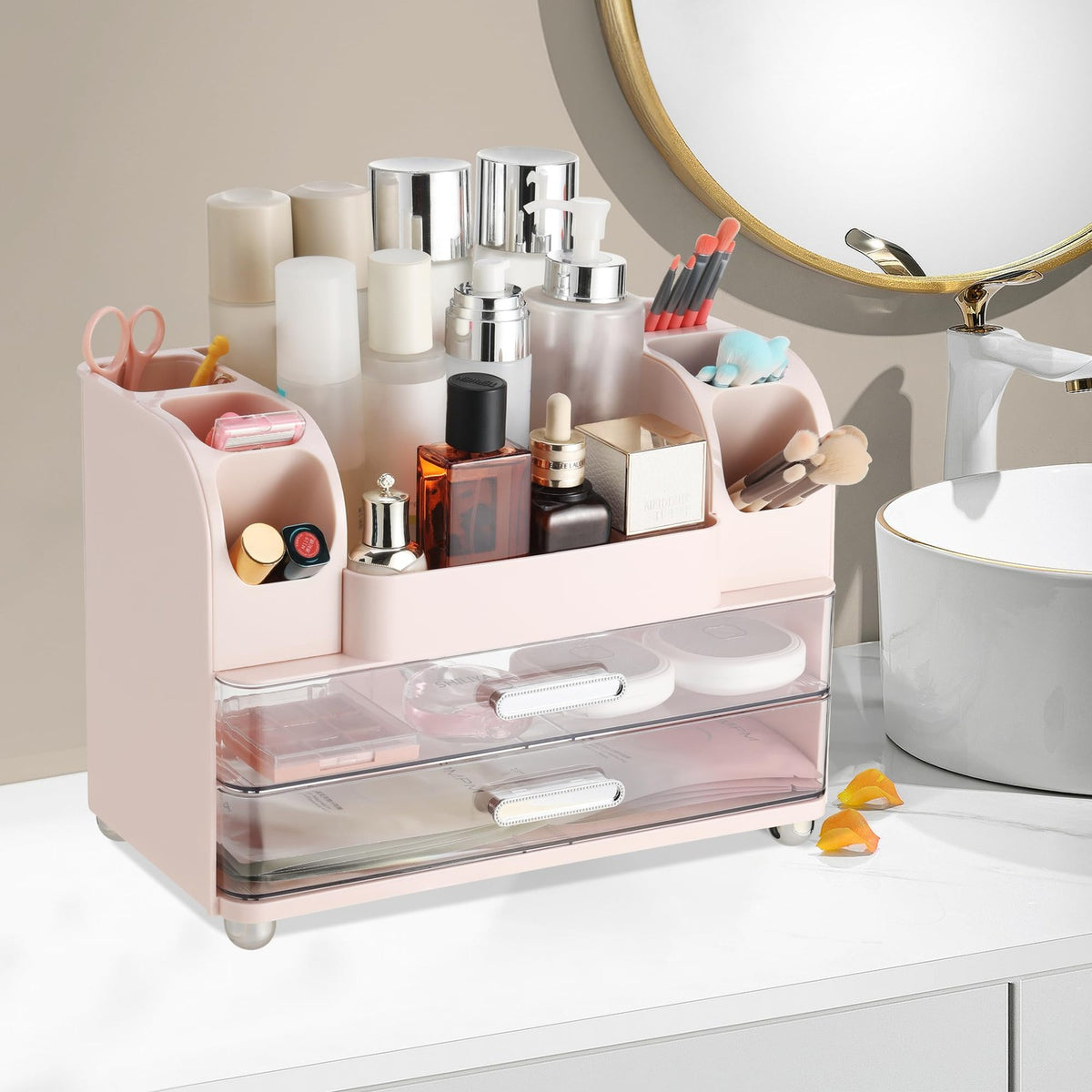 Large Makeup Organizer with Drawers and Compartments Pink - Vanity Storage