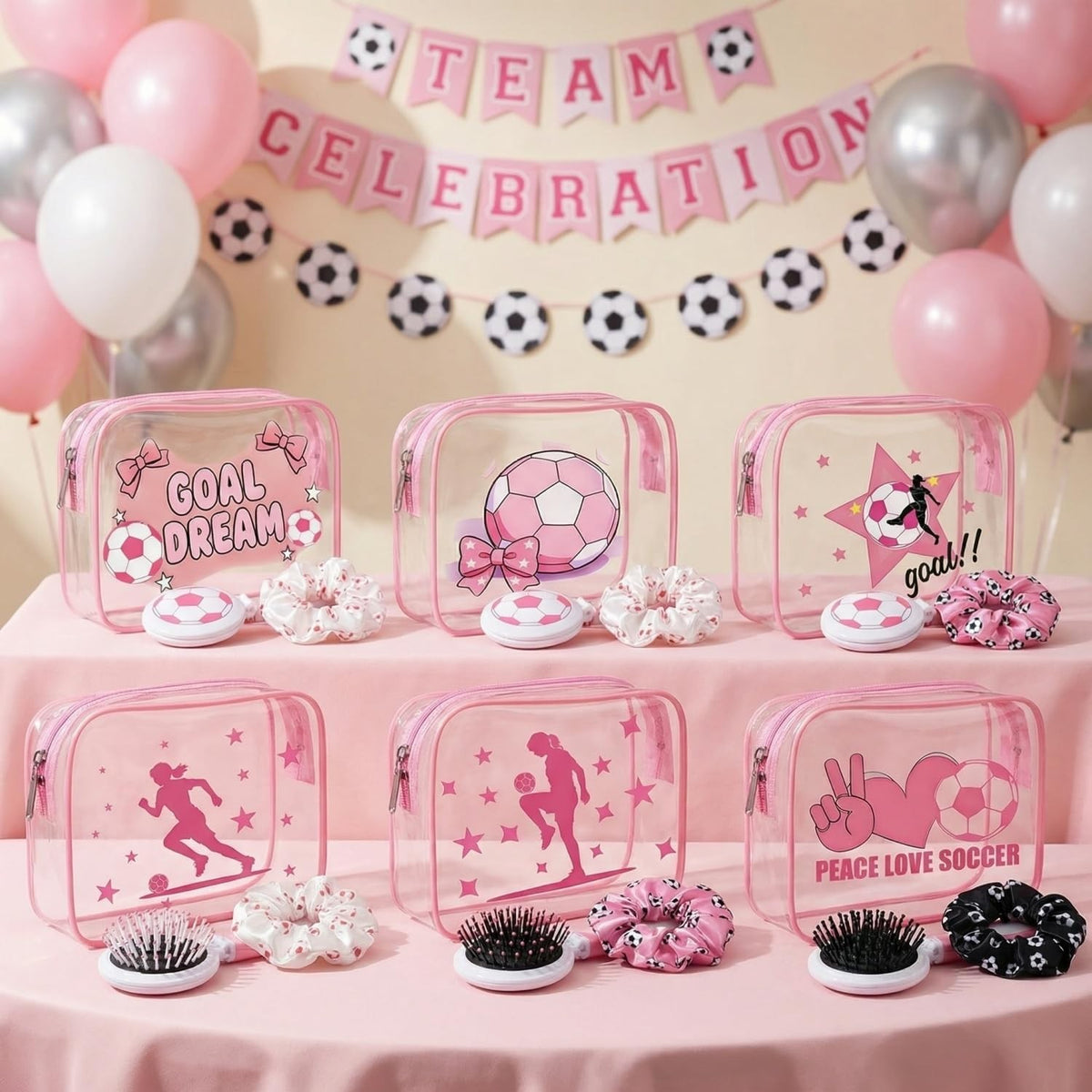 Soccer Party Favors Set with Clear Makeup Pouches & Hair Accessories - Pink 18pcs