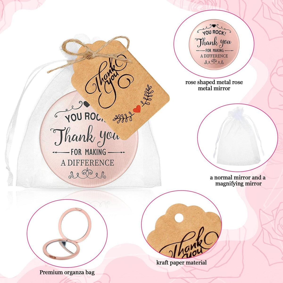 Inspirational Compact Mirror Set with Thank You Cards - Rose Gold Gift for Women