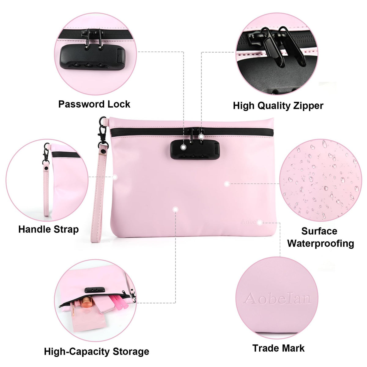Travel Smell Proof Pouch with Combination Lock Waterproof Organizer Pink