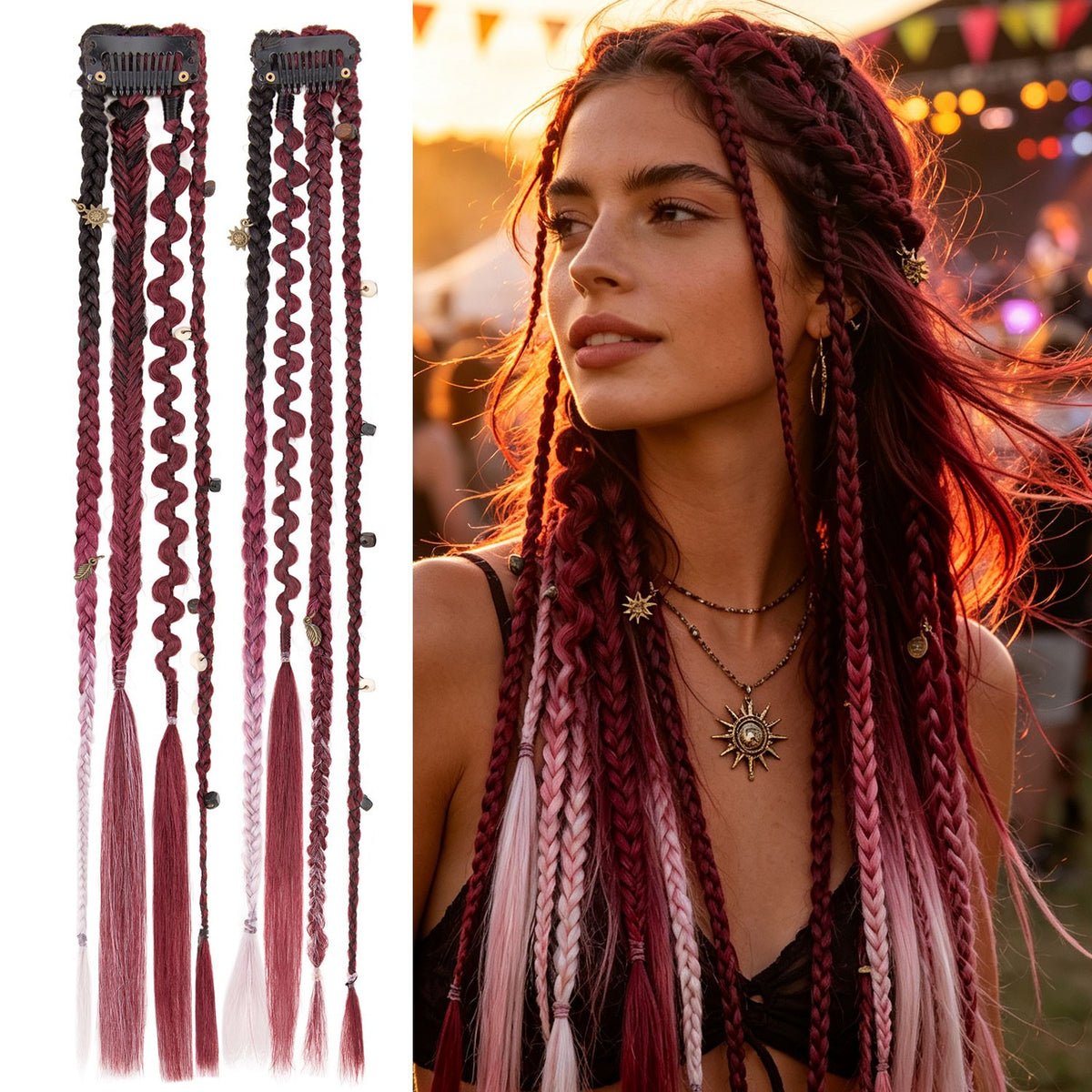 Boho Clip-In Dreadlocks Hair Extensions with Beads & Charms - Festival Style