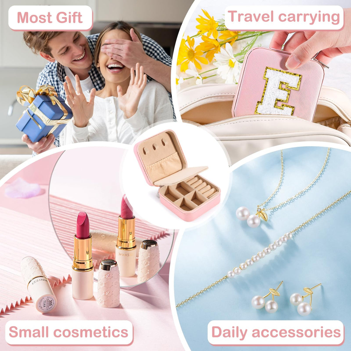 Travel Jewelry Case for Women Girls Mini Pink Organizer with Compartments
