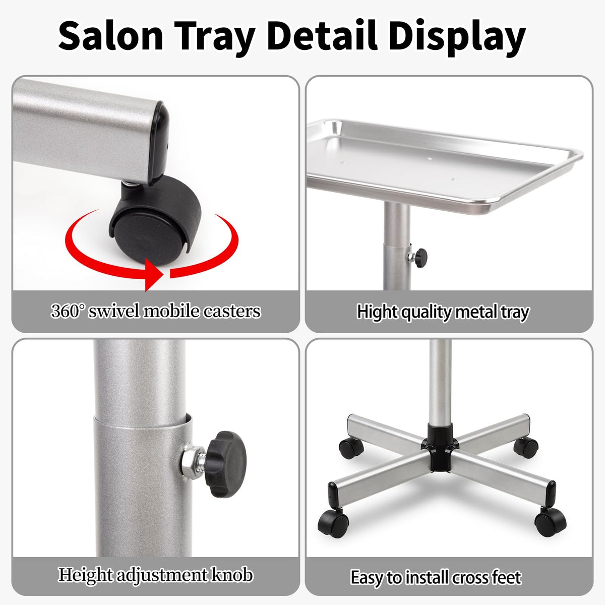 Tattoo Instrument Trolley Cart with Wheels and Adjustable Storage Tray