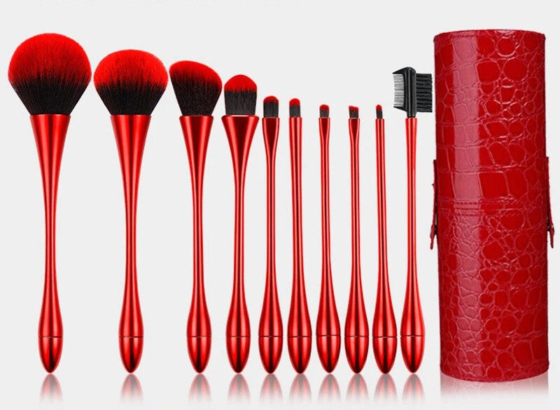 Makeup Brush Set with Red Tubus Case - 10 Professional Cosmetic Brushes