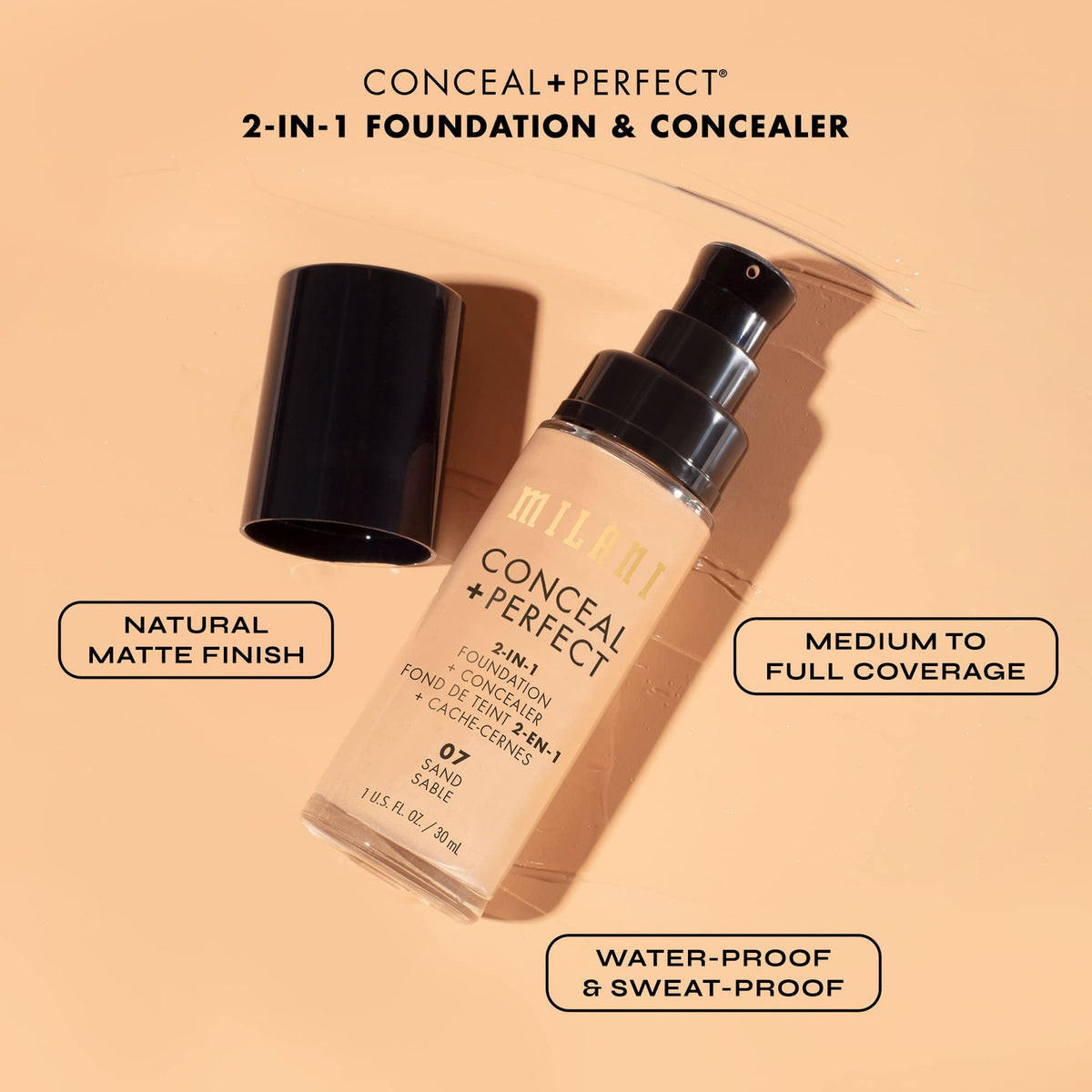 Water-Resistant Foundation Concealer 2-in-1 Natural Beige 1 Fl Oz