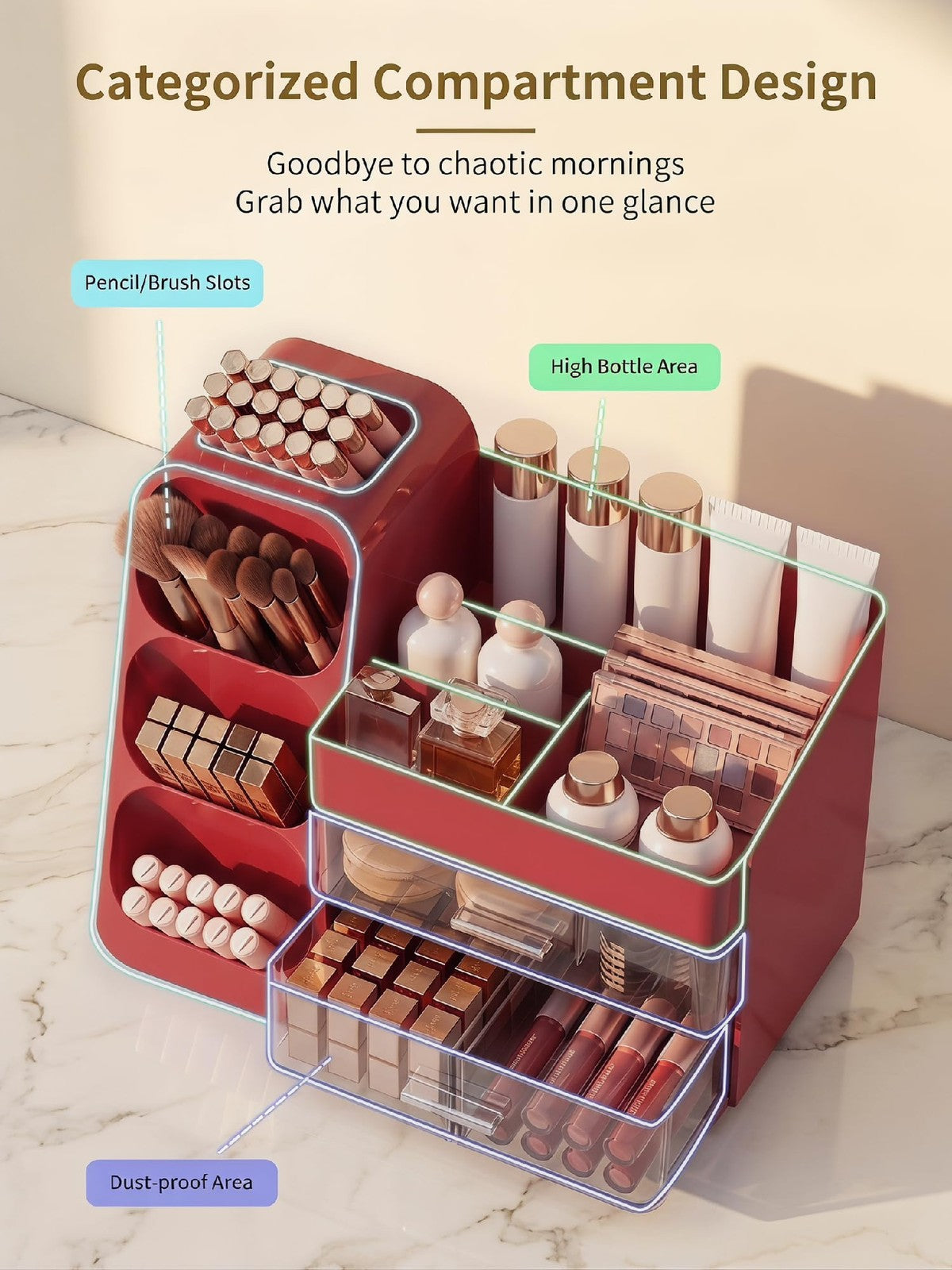 Red Makeup Organizer with Drawers, Large Capacity Vanity Storage Case