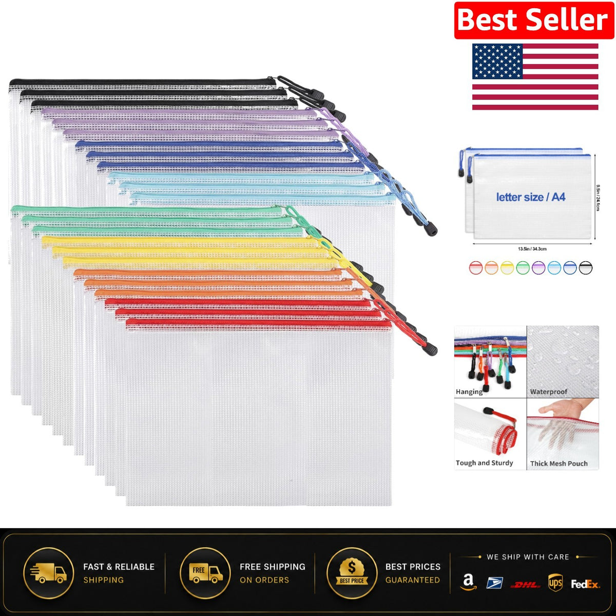24 Pack Waterproof Zipper Storage Pouches for Documents & Organization