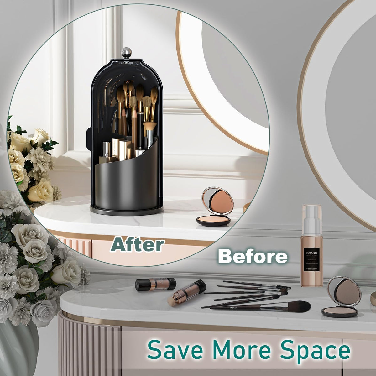 Rotating Makeup Brush Organizer with Lid - Black Cosmetic Storage Caddy