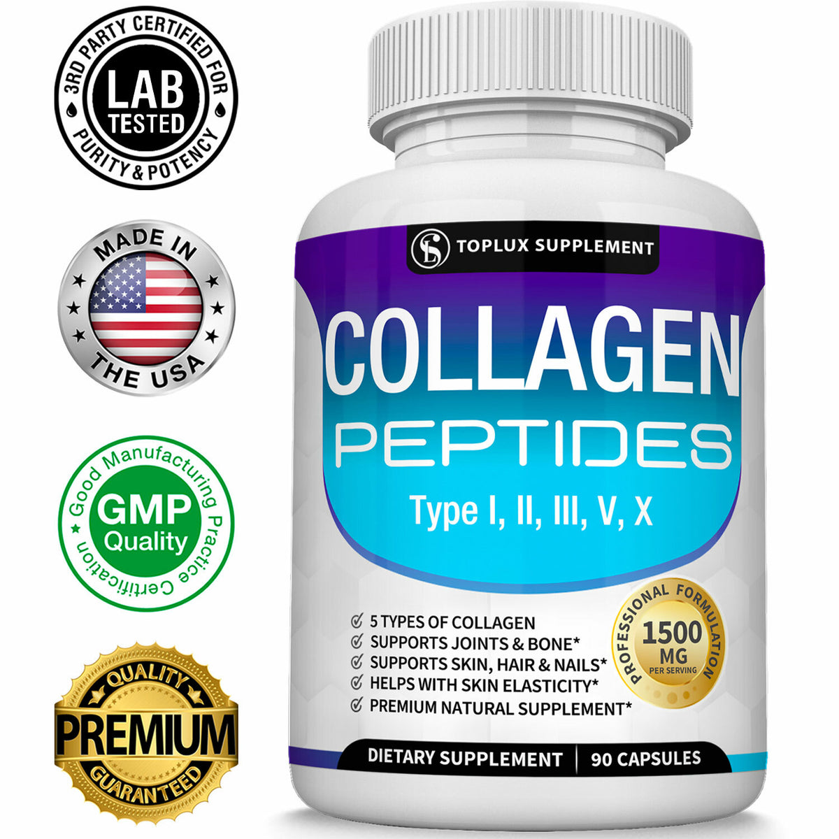 Collagen Peptides Supplement 1500MG Hydrolyzed Anti-Aging Capsules for Skin Hair Nails & Joints