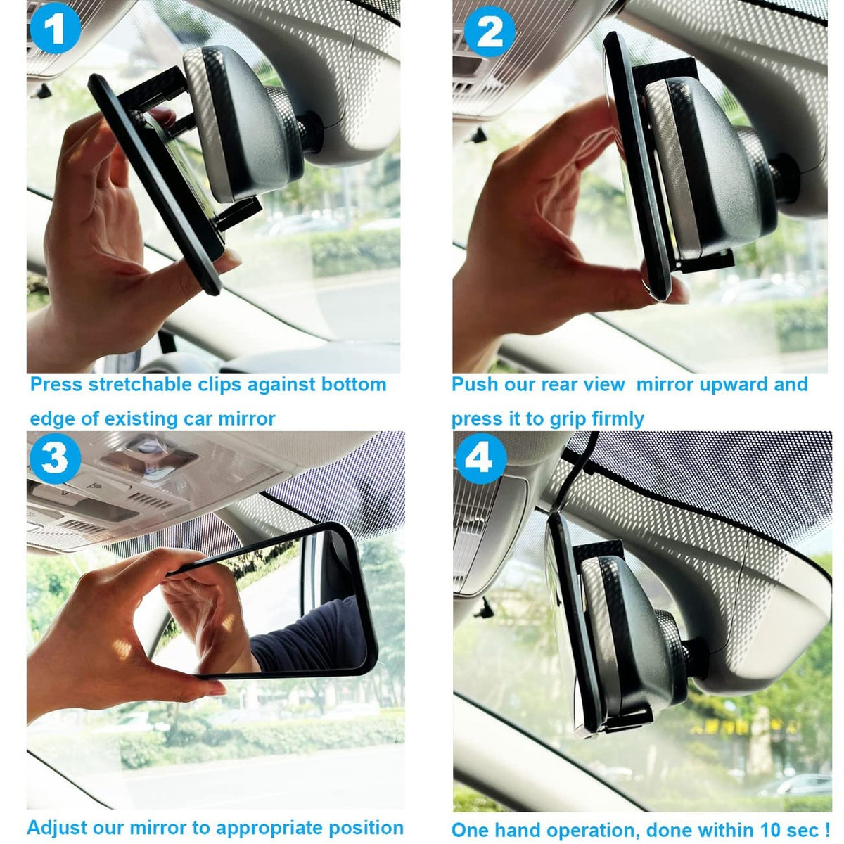 Car Rear View Mirror 12 Inch Wide Angle Convex Clip-On Interior Mirror Black