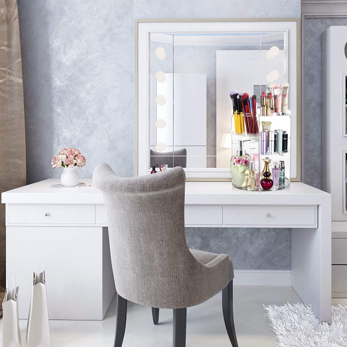 360° Rotating Makeup Organizer with Adjustable Compartments & Spinning Storage Shelf