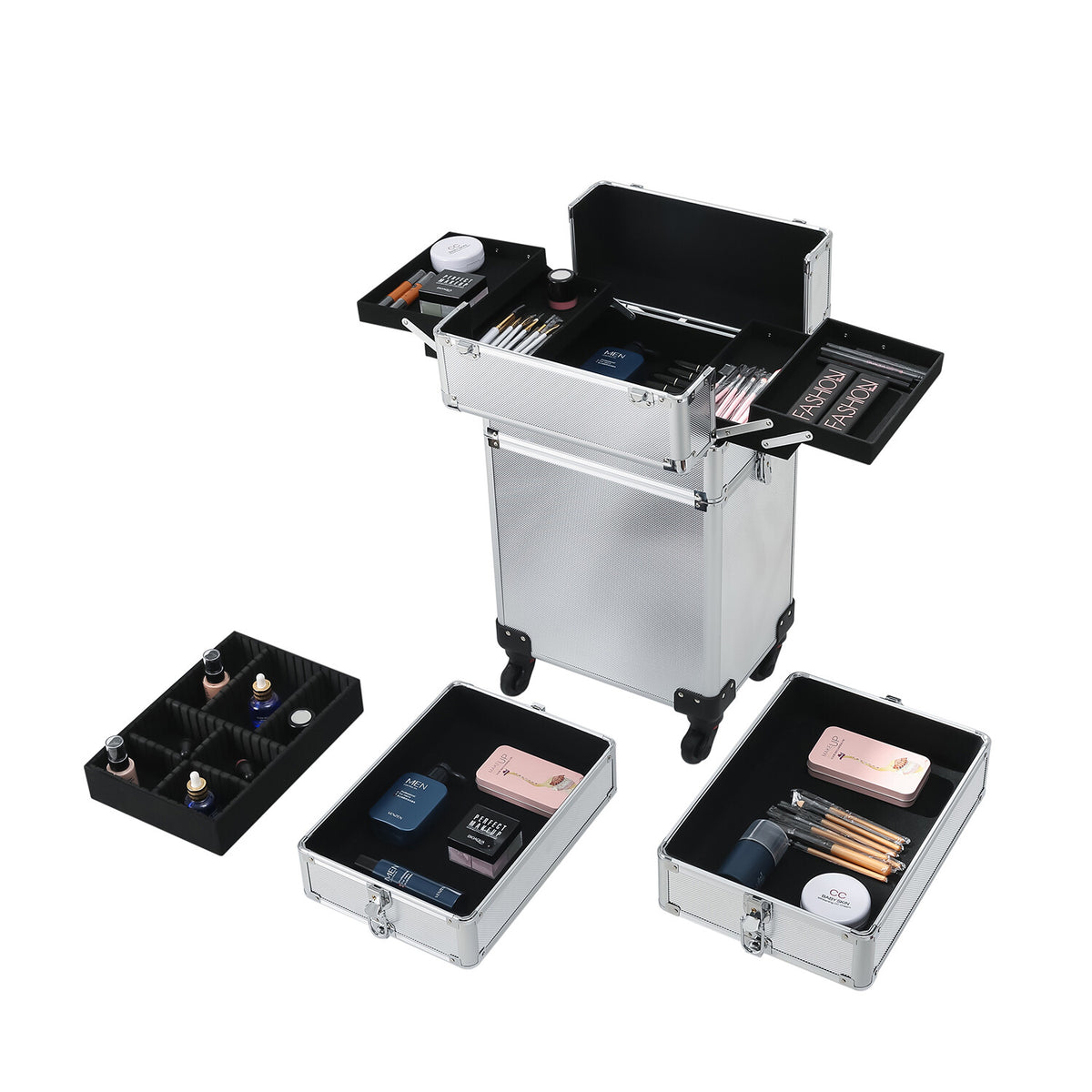 4-in-1 Aluminum Rolling Makeup Case with Draw-Bar Interchangeable Compartments