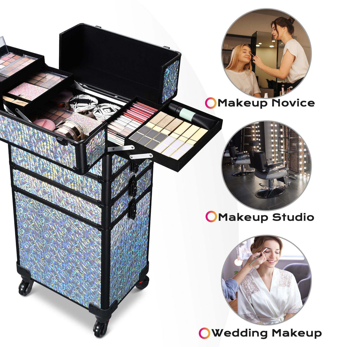 Rolling Makeup Train Case with 4-in-1 Adjustable Compartments and Silver Gradient Design