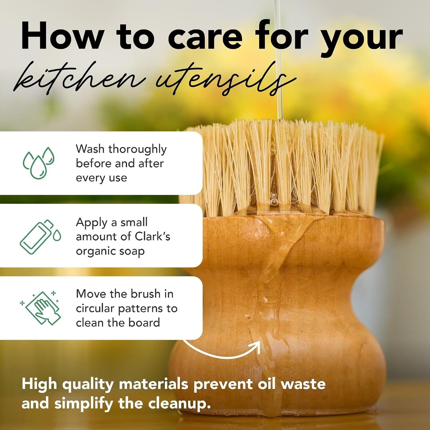 Wooden Surface Brush with Maple Wood Handle for Cutting Boards & Kitchen Surfaces