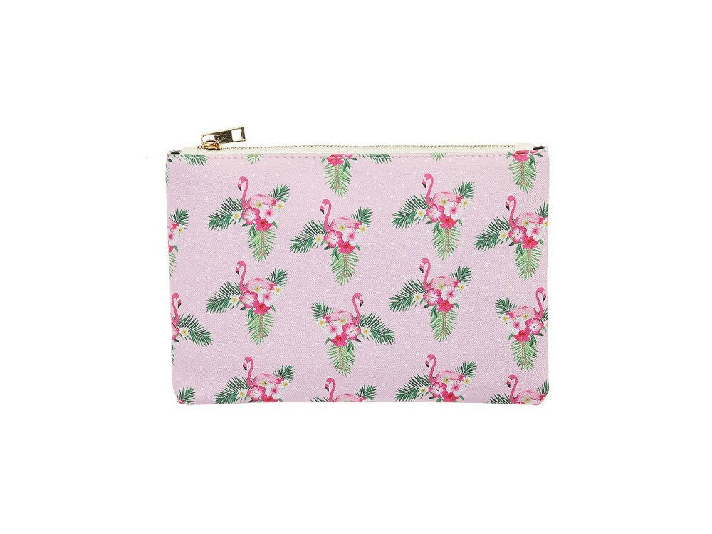 Pink Flamingo Print Vinyl Cosmetic Pouch - 10x7 Makeup Clutch Bag Gift Idea