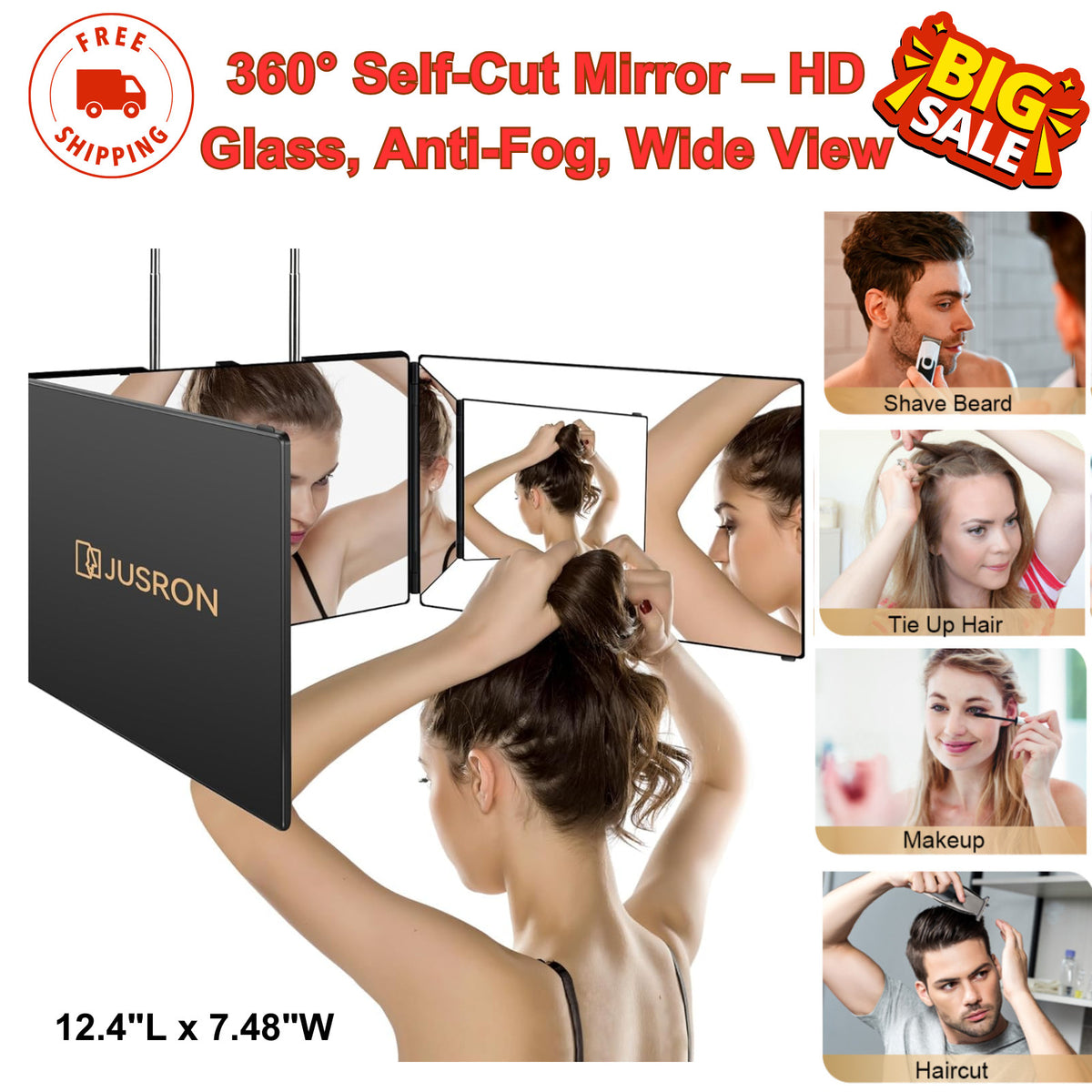 Self Hair Cutting Mirror with 360° Viewing, Anti-Fog HD Glass, Wall & Table Mount