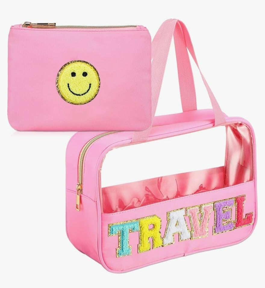 Chenille Letter Makeup Bag with Nylon Zipper - Large Travel Cosmetic Organizer