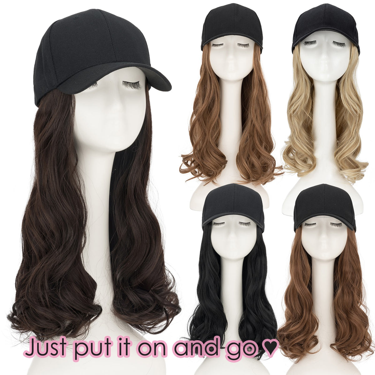 Women Baseball Cap Hat with Wavy Synthetic Hair Wig - Natural, Ombre