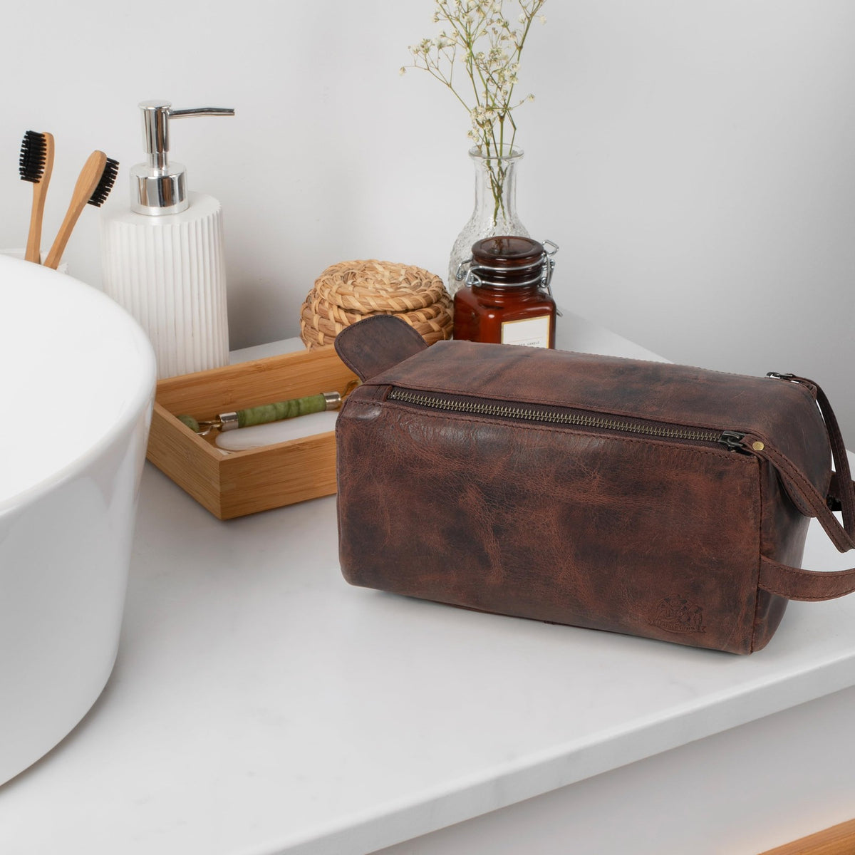 Leather Travel Dopp Kit - Men’s Toiletry Organizer Bag for Grooming