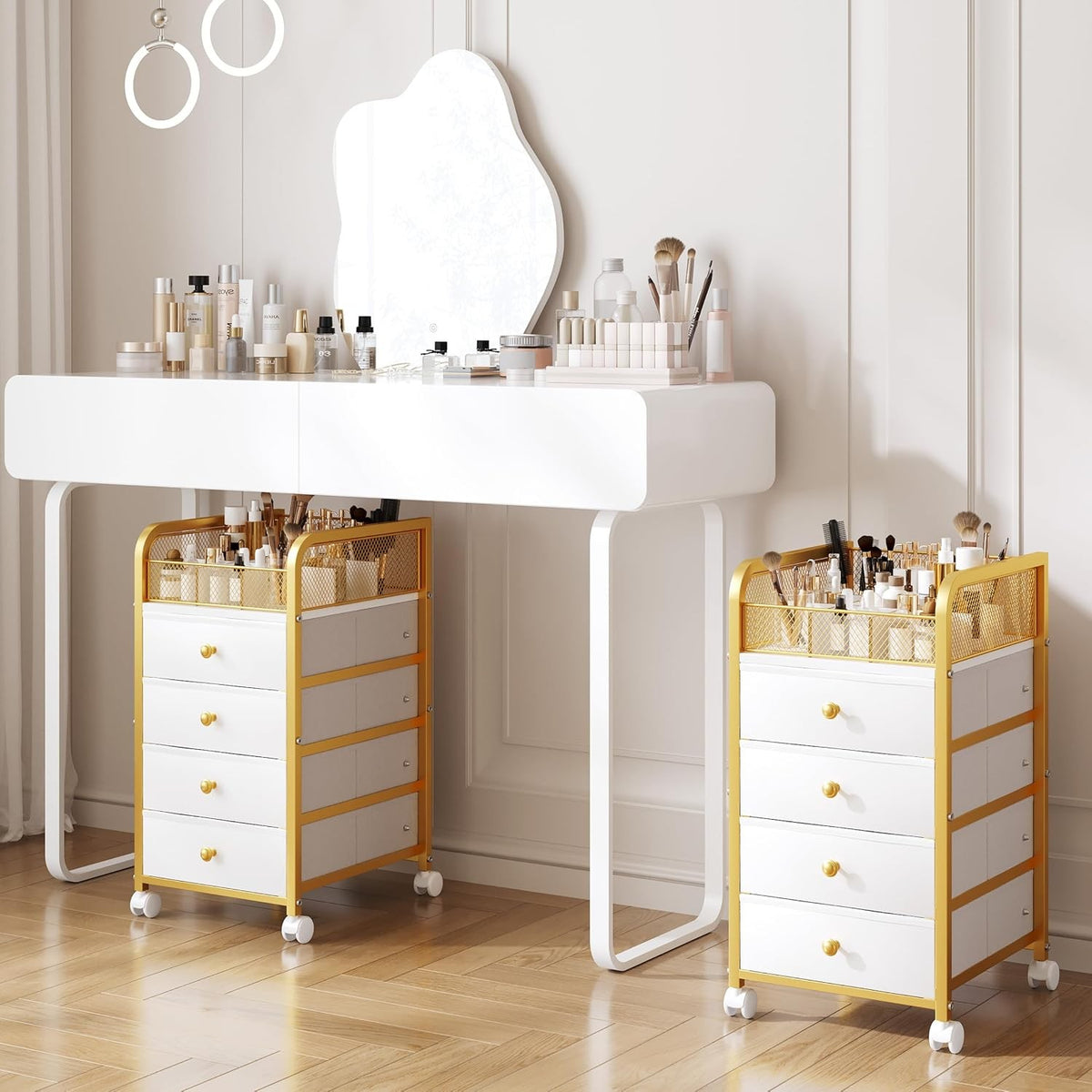 Rolling Makeup Organizer Cart with 4 Drawers and Lockable Wheels - Space Saving Vanity Storage