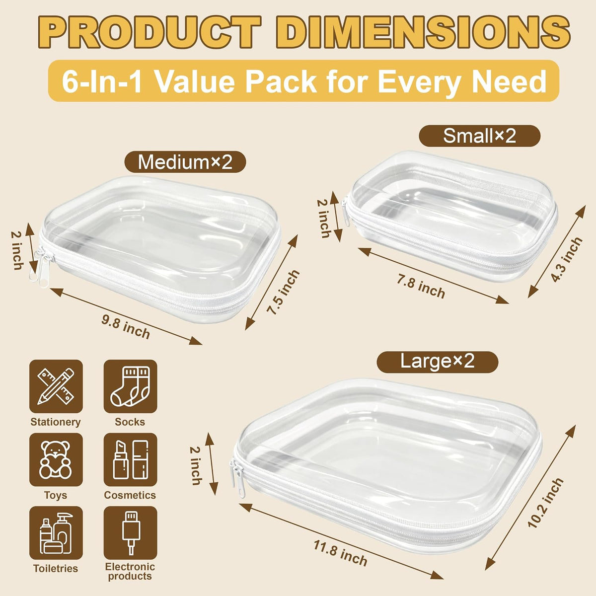 6 Pack Clear Hard Shell Zipper Organizer Cases for Travel & Makeup