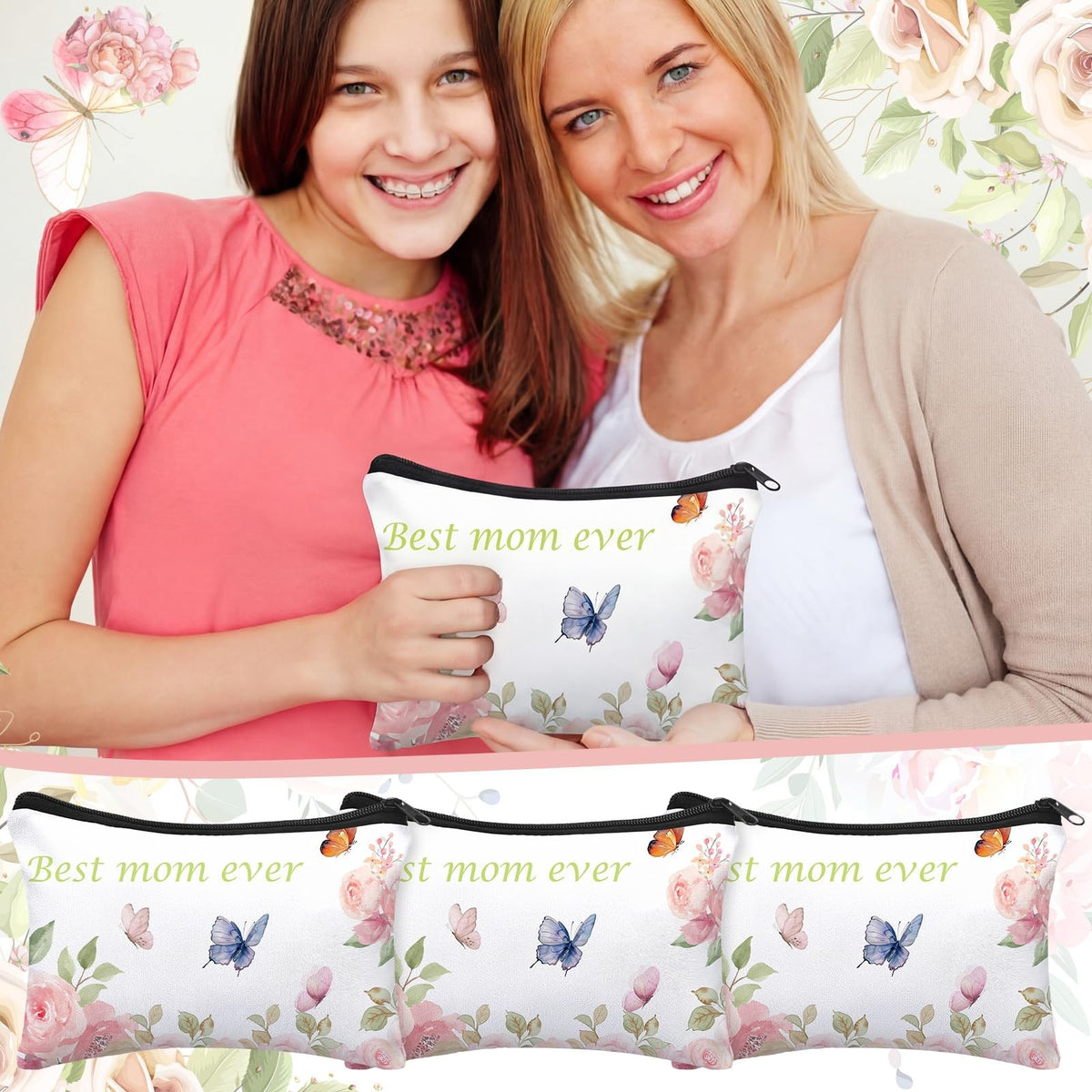 10-Pack Multicolor Mom Ever Makeup Bags Gift Set - 9x6 Inches