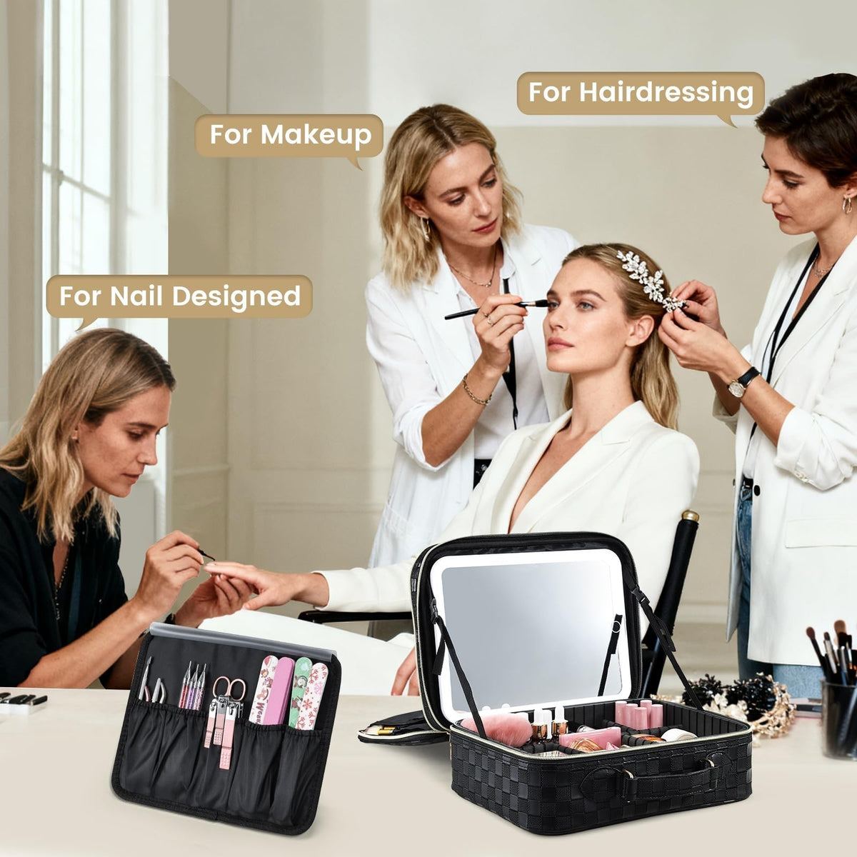 Travel Makeup Bag with LED Lighted Mirror and Double Layer Storage