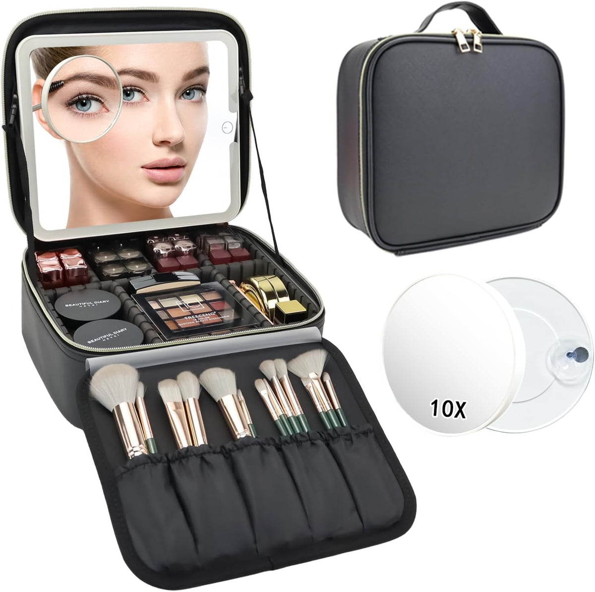 Travel Makeup Bag with LED Mirror and 10X Magnifying Glass - Portable Organizer