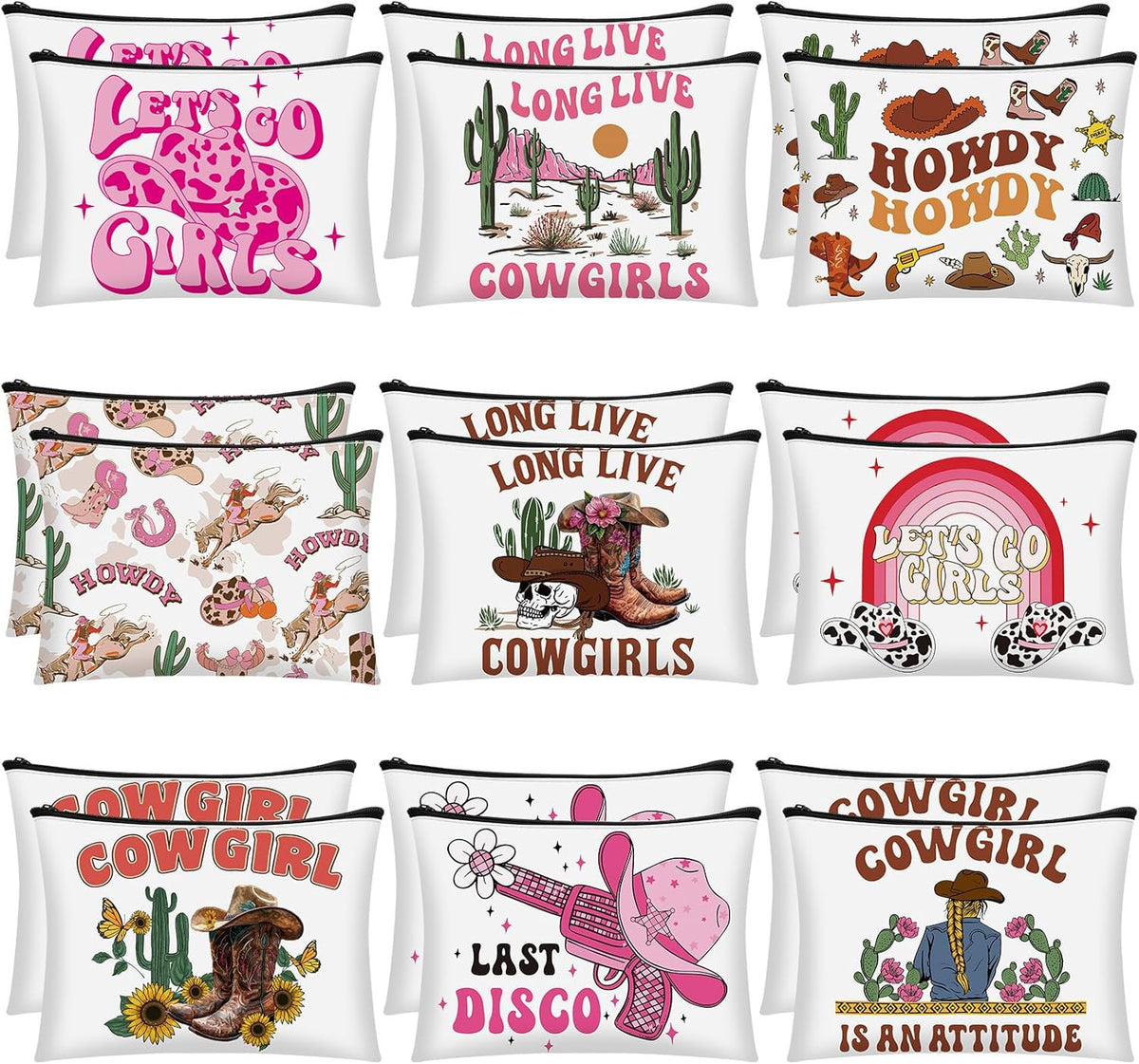 Western Cowgirl Makeup Bags Set - 18 Durable Canvas Cosmetic Pouches