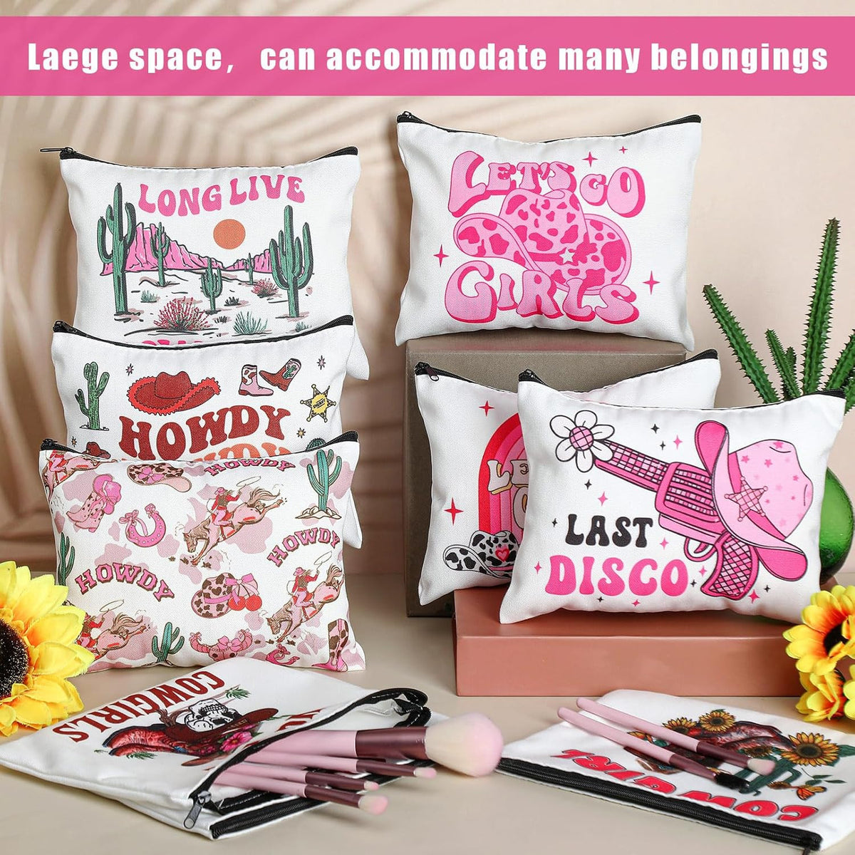 Western Cowgirl Makeup Bags Set - 18 Durable Canvas Cosmetic Pouches