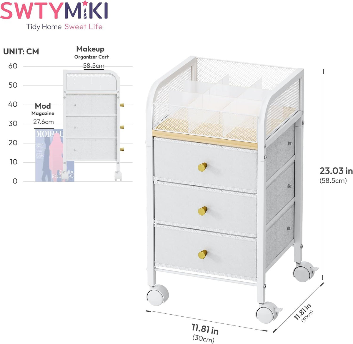 Rolling Makeup Organizer Cart with 3 Non-Woven Drawers Under Desk Storage