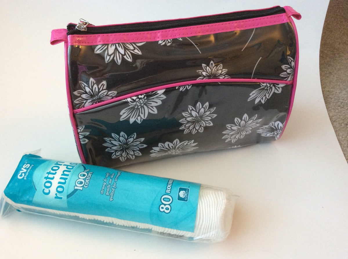 Makeup Bag with Mirror by Prevail White Flowers on Black Pink Trim