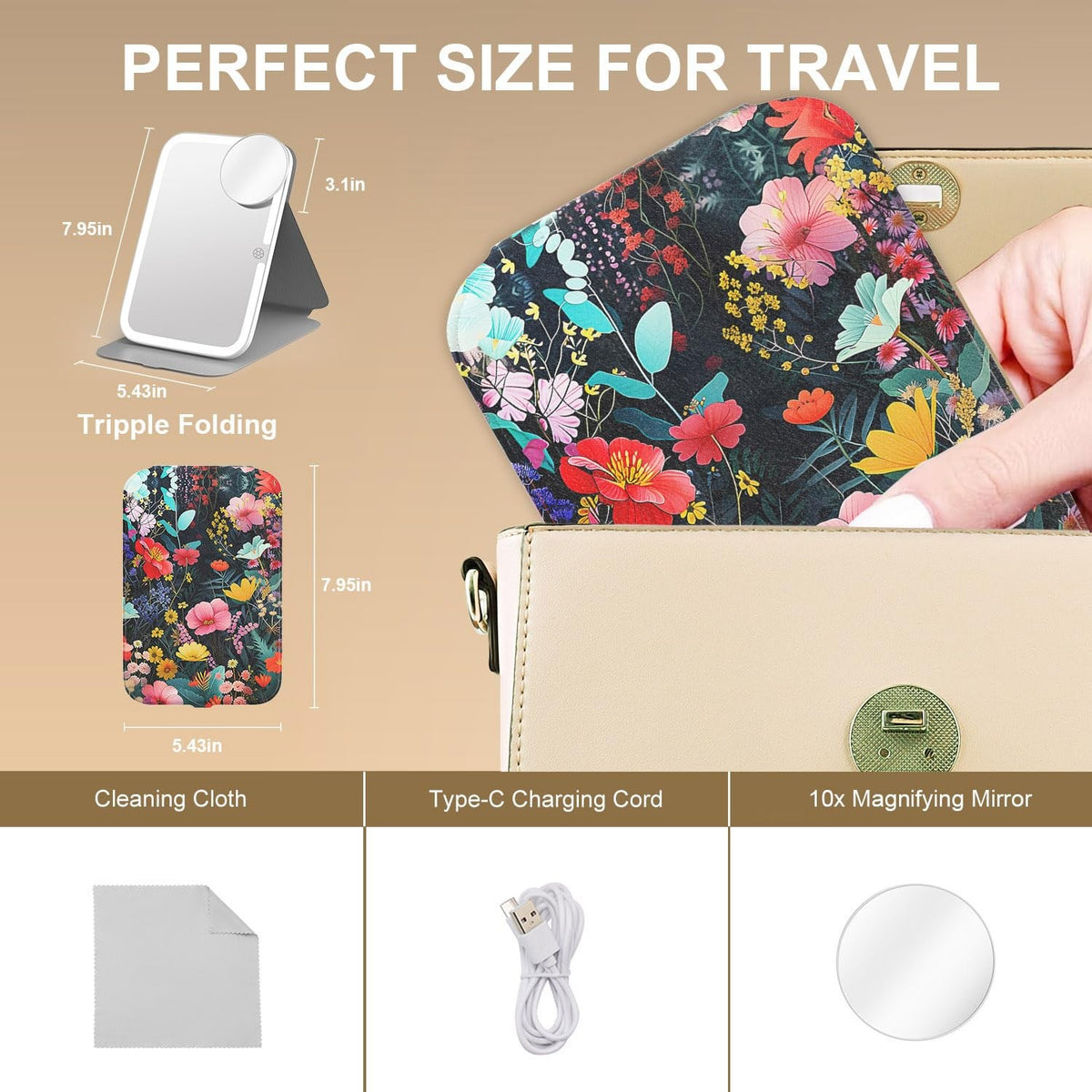 Travel LED Makeup Mirror with Lights, 360° Rotation, 10x Magnification, Dimmable 3-Color Touch Screen, Portable Flower Design
