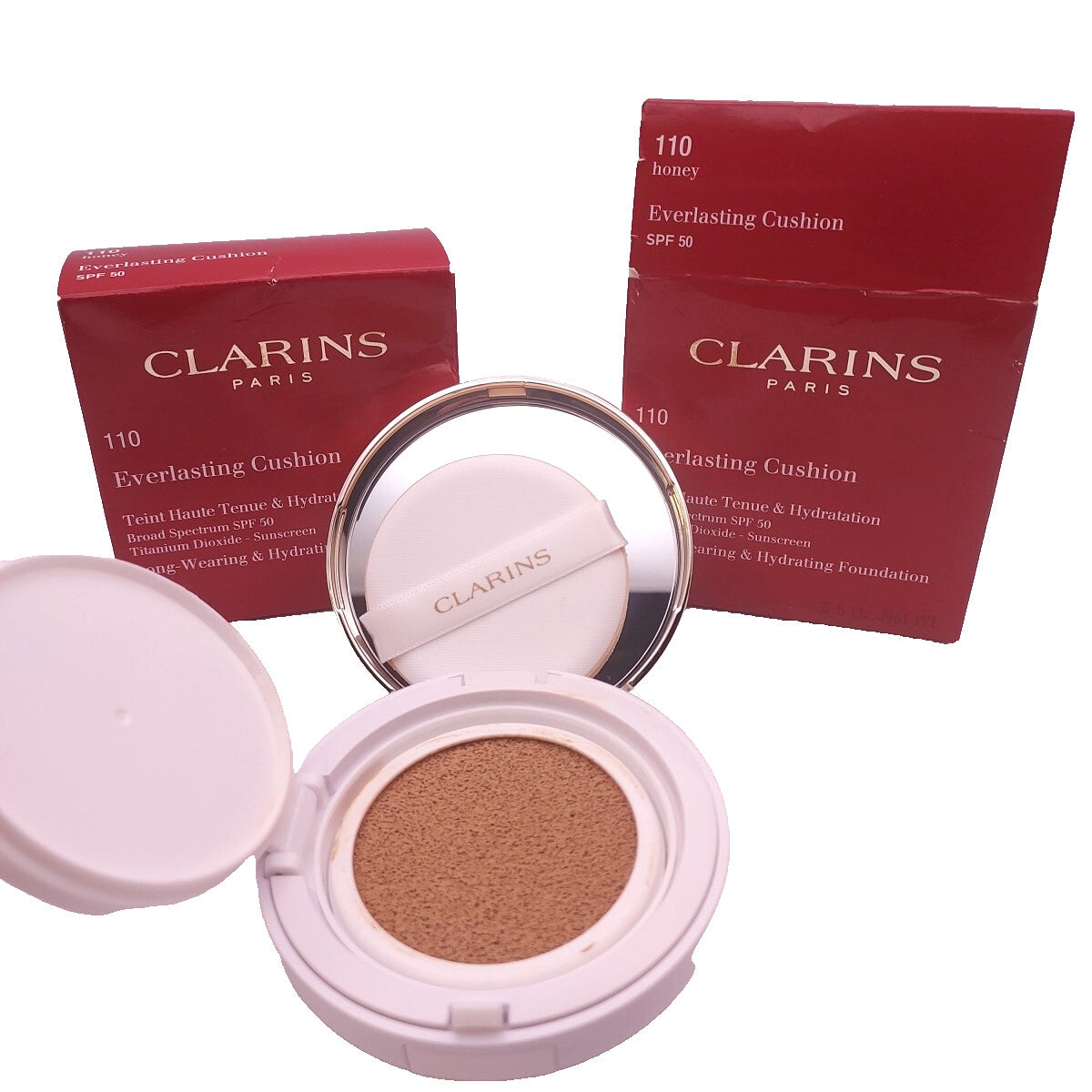 Clarins Everlasting Cushion Foundation SPF 50 Long Wear Hydrating Face Makeup 110 Honey - Set of 2