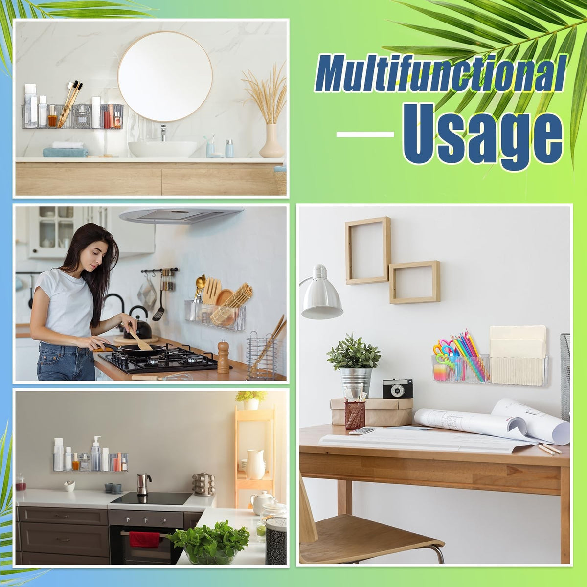 4 Pack Wall-Mounted Makeup Organizer Shelves with 3 Compartments - Clear Plastic Bathroom Storage