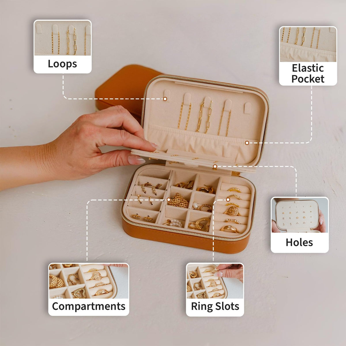Travel Jewelry Organizer Case for Women - Small Tan PU Leather Jewelry Box