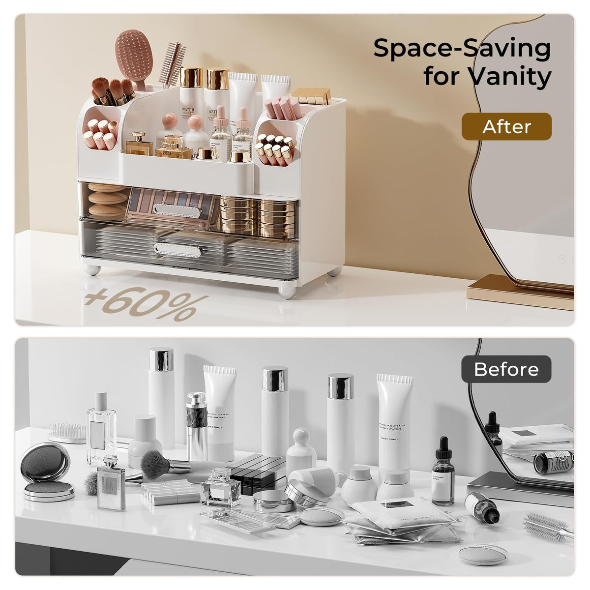 Makeup Organizer with 2 Large Drawers and Dual Brush Holders for Vanity & Bathroom