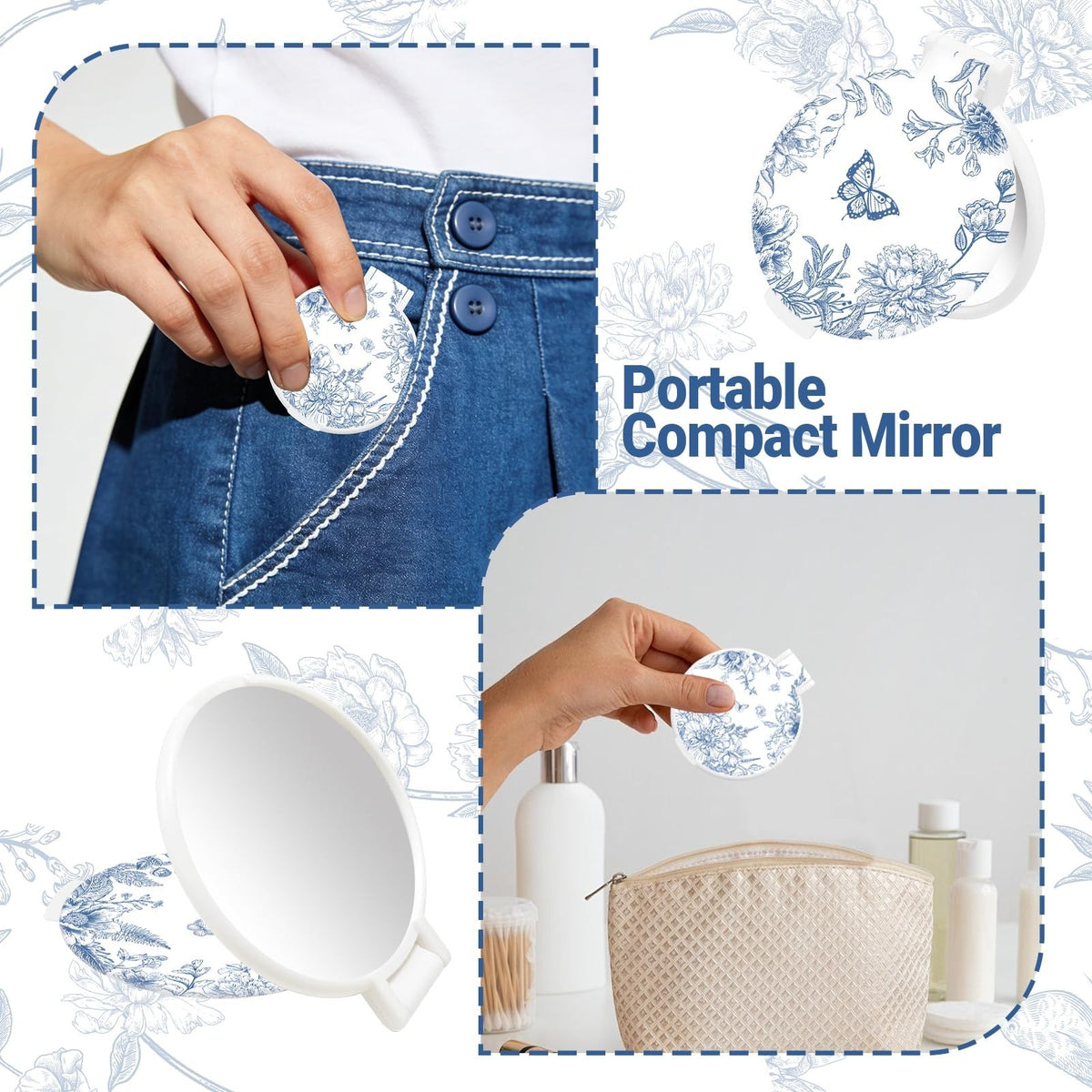Blue Porcelain Compact Mirror Set - 50 Small Pocket Round Mirrors for Gifts