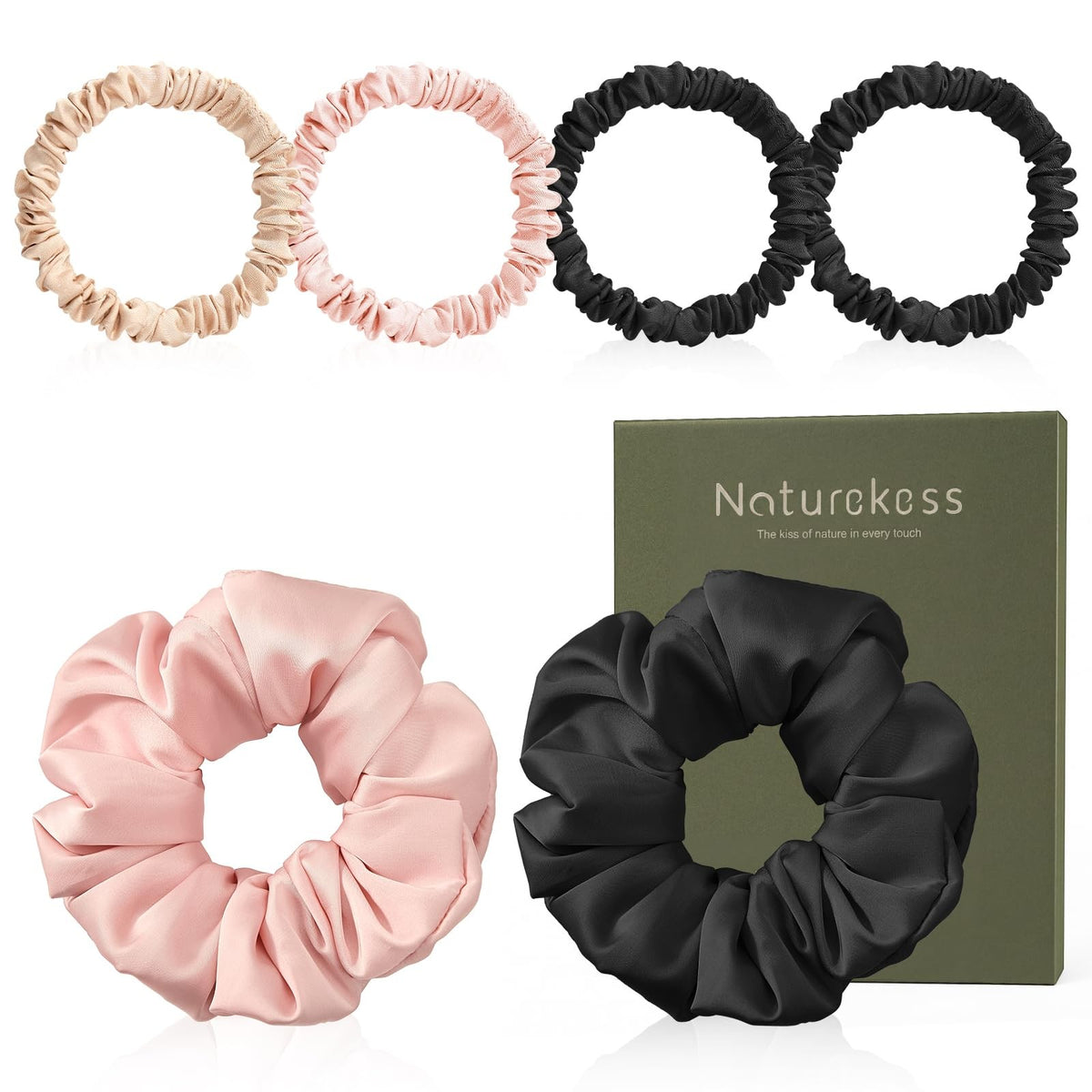 6PCS 100% Mulberry Silk Scrunchies Set, 2 Large 1 Count (Pack of 6),