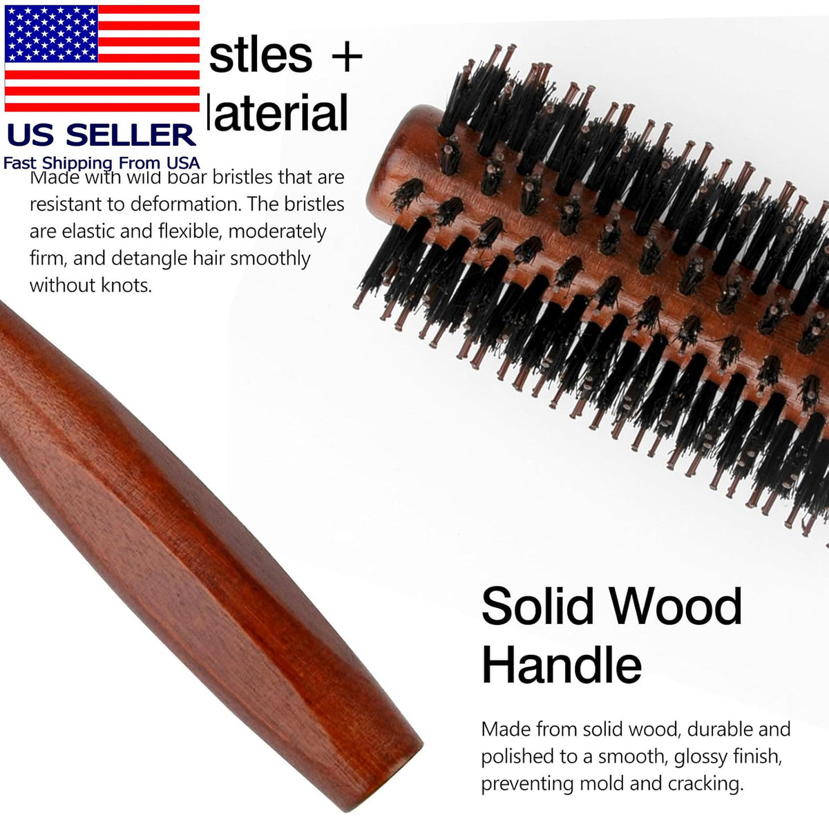 Round Boar Bristle Hair Brush with Wooden Handle for Styling & Detangling