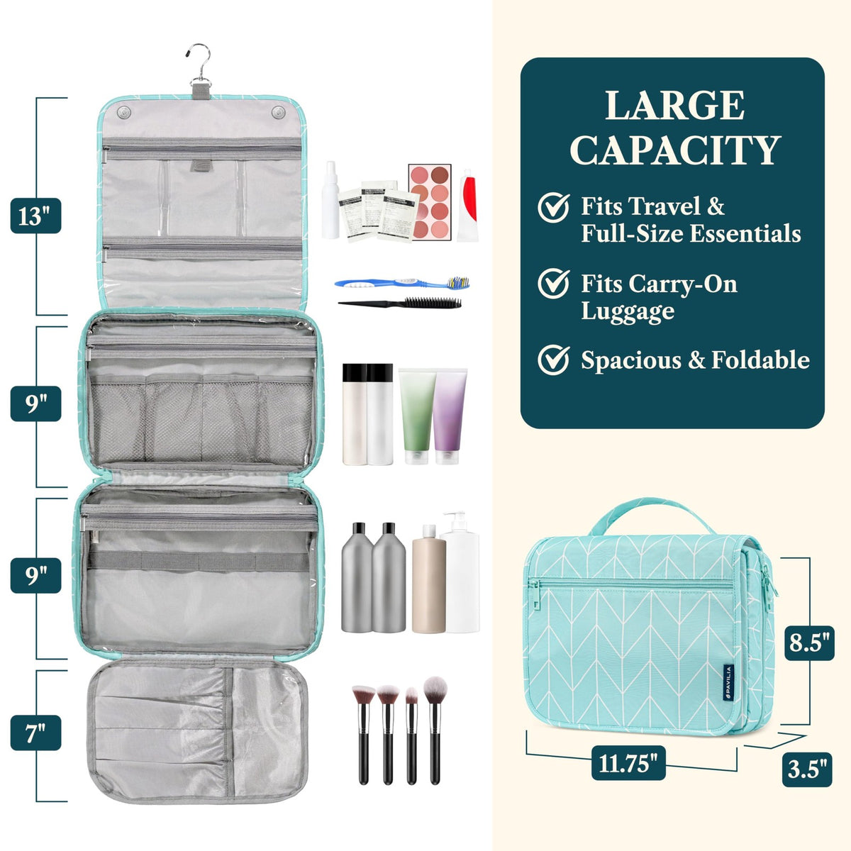 Large Travel Toiletry Bag for Men & Women - Hanging Cosmetic Organizer, Teal
