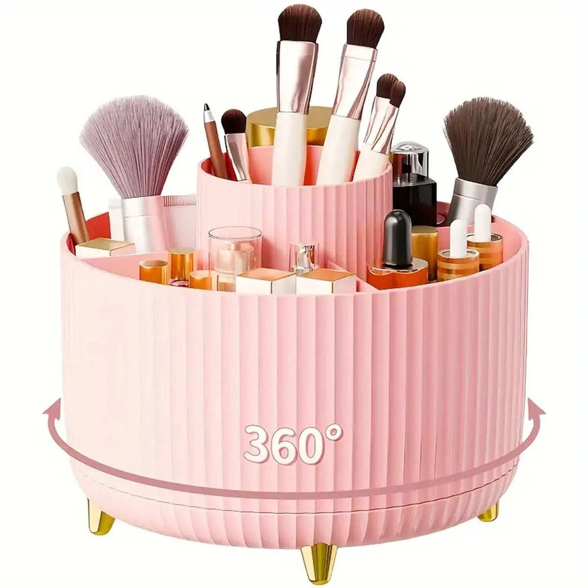 360° Rotating Makeup Organizer with 5 Compartments - Plastic Cosmetic Storage